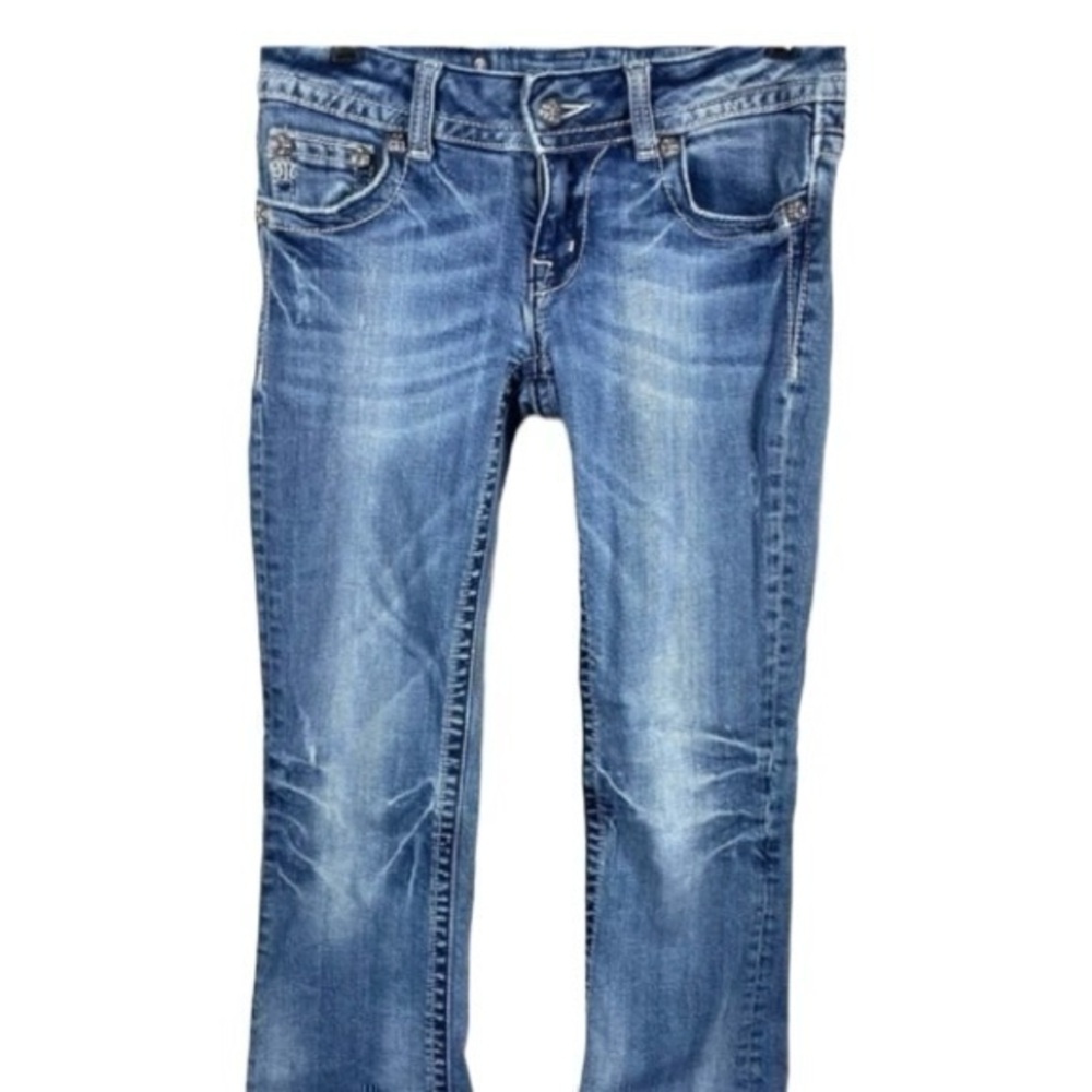 MISS ME Boot cut blue denim Jeans bling JP5002B54 flap pockets womens sz 28